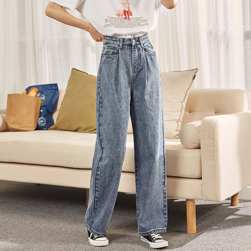 唐狮2019秋季新款直筒牛仔裤女拖地裤子女高腰宽松泫雅同款阔腿裤 26 中牛仔蓝