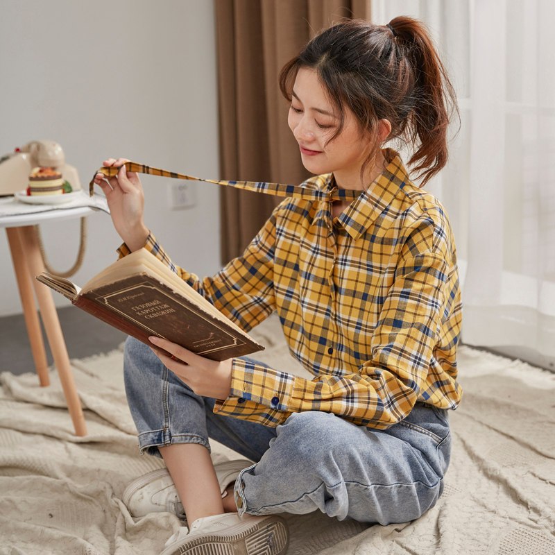 唐狮春秋季2019新款格子衬衫女韩版初秋女上衣轻熟长袖宽松衬衣潮 S 明黄（第二批）