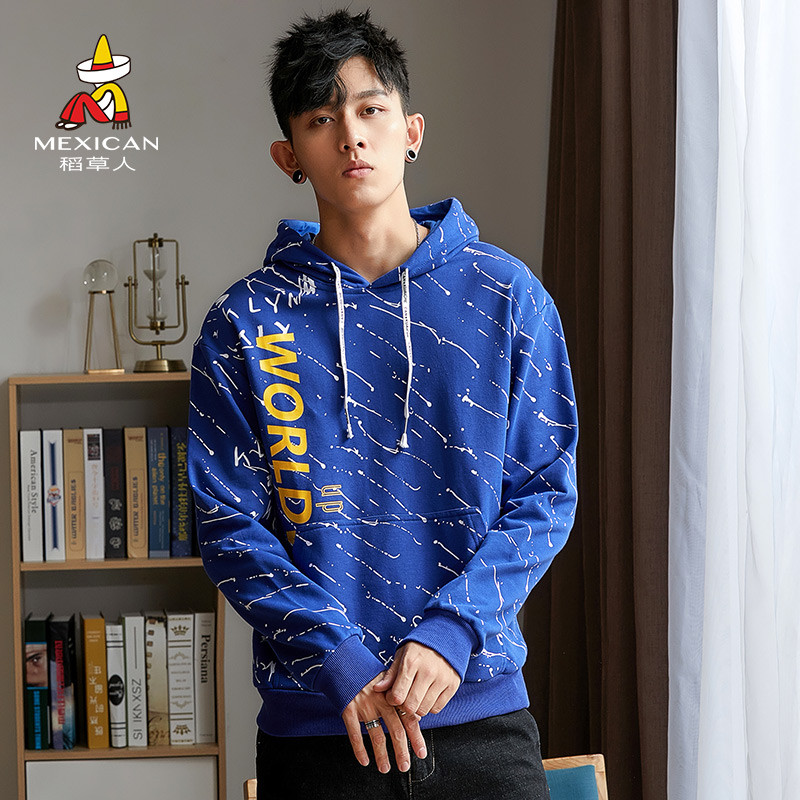 稻草人卫衣男2019秋季新品潮流印花连帽外套男时尚长袖运动衣服 XL 彩兰