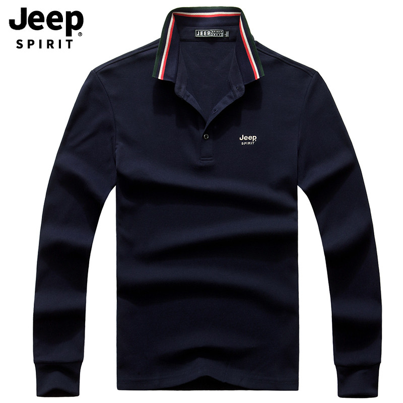 JEEP/吉普长袖T恤男2019秋季新款男士翻领polo衫男装纯色体恤男式打底衫A245 M 蓝色