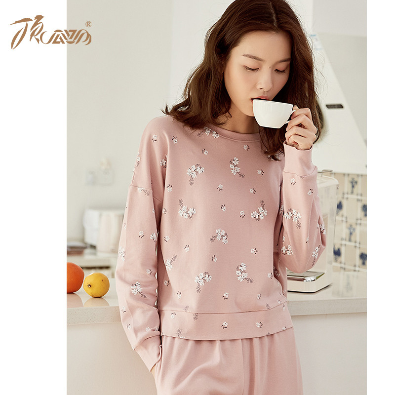 顶瓜瓜睡衣女秋新品纯棉家居服套装 可爱长袖居家套装两件套2019 175cm 花玉粉