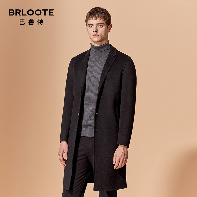 Brloote/巴鲁特双面呢大衣男中长款时尚休闲毛呢外套2019秋冬高品质羊毛上衣 190/108A 黑色