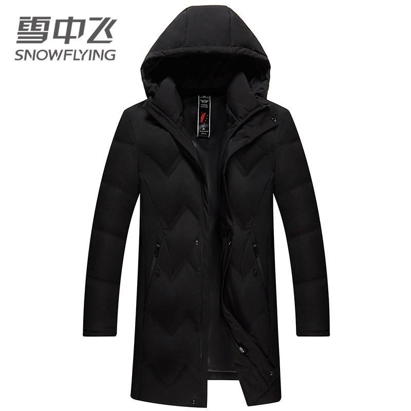 雪中飞羽绒服男中长款休闲连帽加厚保暖冬季潮流新款大码羽绒外套_1_199 190/104A 黑色