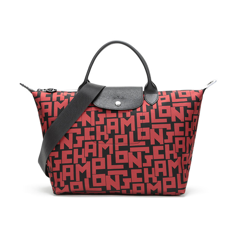 Longchamp 珑骧 女士LE PLIAGE系列织物小号手提单肩包 1512 412 C09-黑色砖红色字母图案