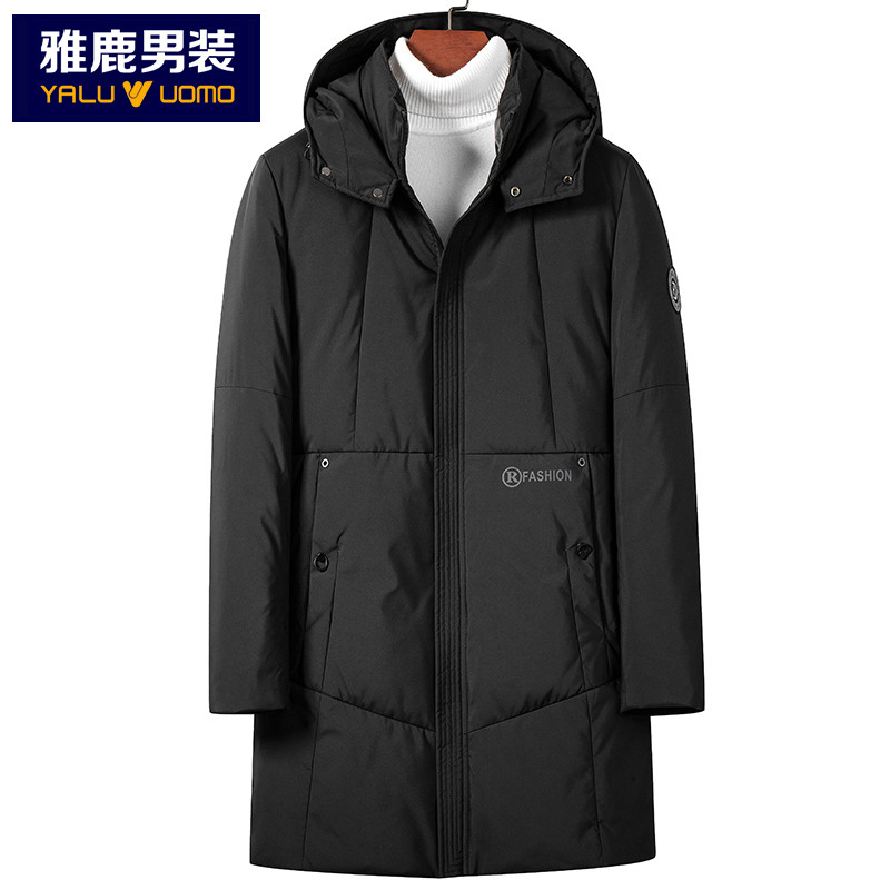 雅鹿男装冬季商务男士羽绒服中长款连帽羽绒男外套14730767 S1(黑色) 48