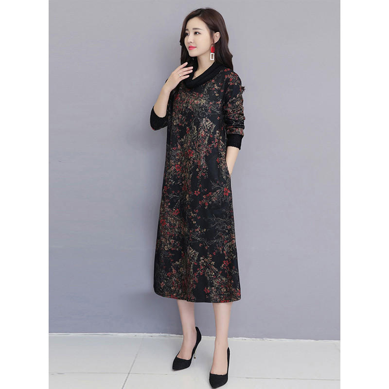 丝柏舍2019秋装复古长袖修身长袖中长款民族风连衣裙女S93B4385L