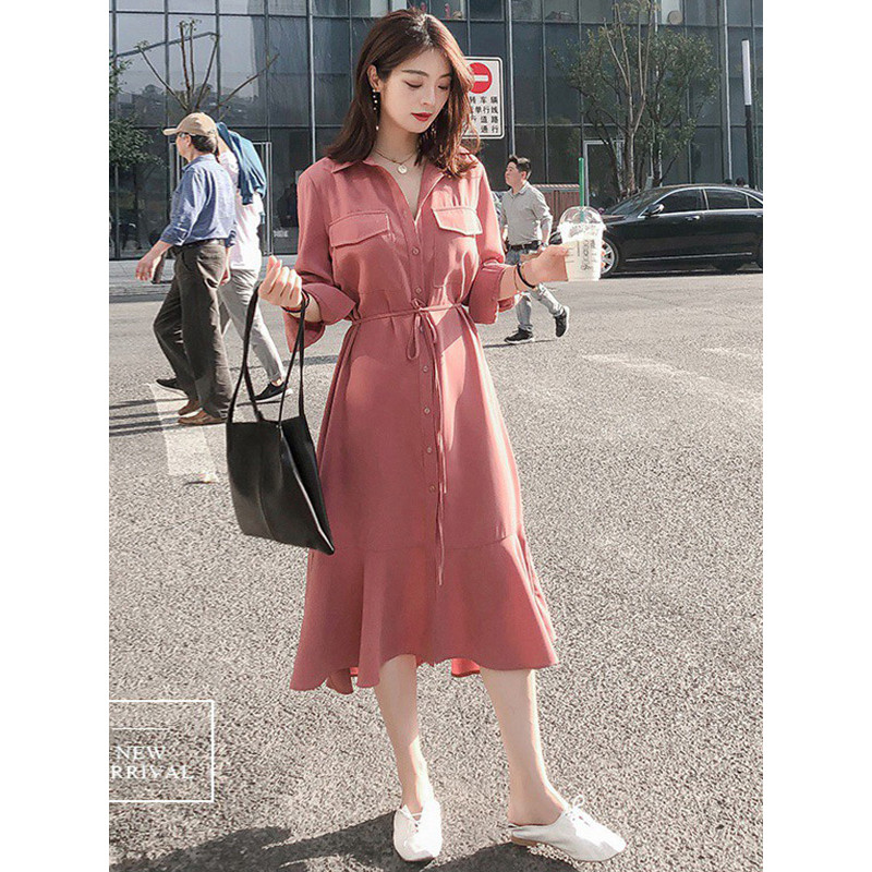 丝柏舍2019秋装女装时尚纯色显瘦收腰气质连衣裙S93R4466L XXL 胭脂红