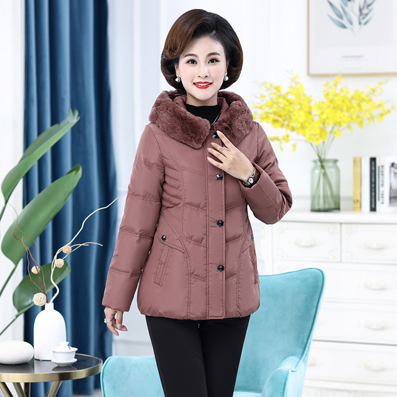 雪暖中老年女装妈妈装羽绒服修身中长款獭兔毛连帽外套女 豆沙色 185