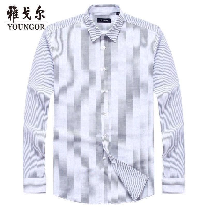 Youngor/雅戈尔春季商务休闲衬衫汉麻免烫条纹长袖衬衫男A017 白底蓝条 43