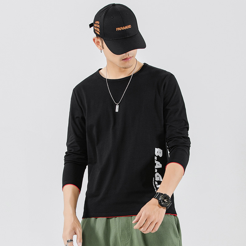 庄吉男士长袖T恤新款打底衫纯色圆领潮流上衣服青年学生韩版薄款男装JU-MD9615 2XL 黑色
