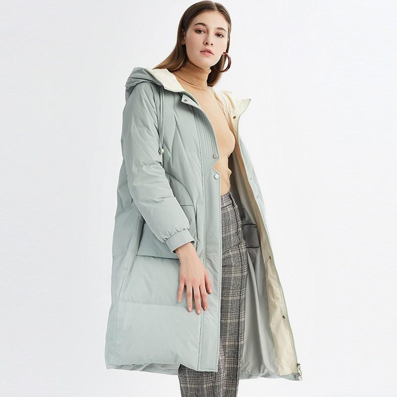 雪中飞羽绒服女长款连帽长过膝时尚白鸭绒冬装大码宽松加厚外套厚_1 160/S 豆绿