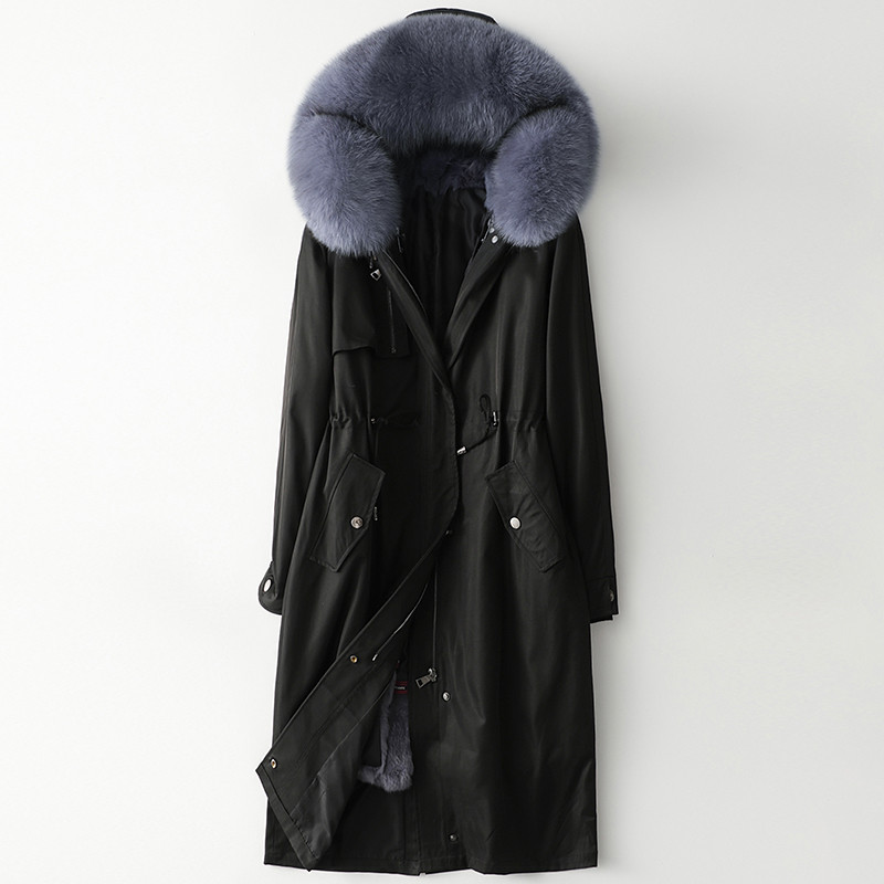 2019新款皮派克服大衣獭兔内胆加长款狐狸毛羽绒外套W 2XL 黑灰