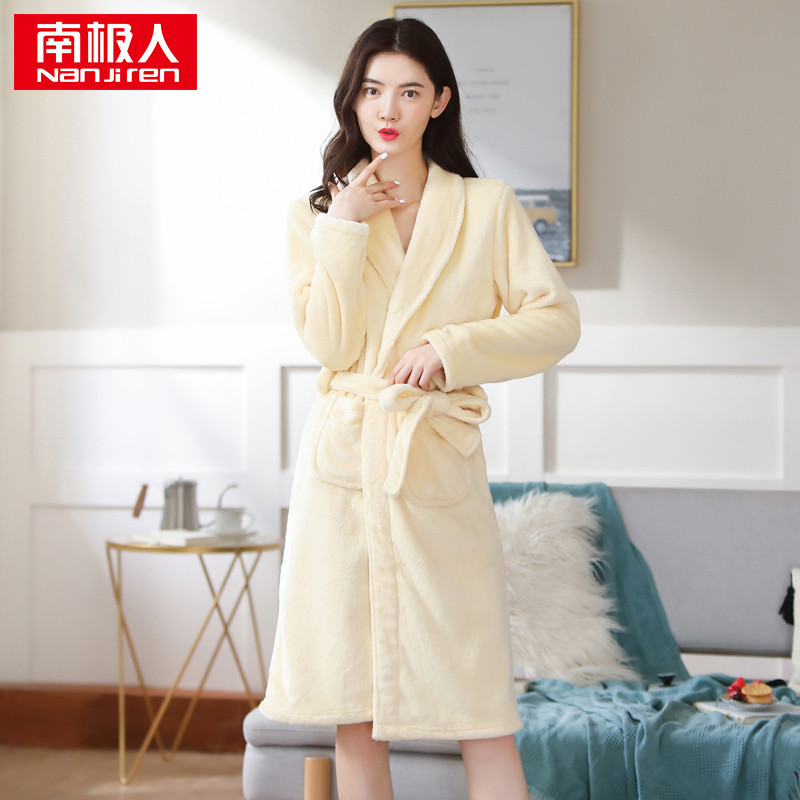南极人女士冬季法兰绒睡袍 黄色女浴袍 XL