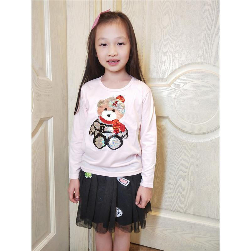 迪鲁奥（DILUAO)儿童变色衣服会变的衣服童装男女童儿童双面变色变图案亮片春秋长袖体恤 小熊现货 150cm