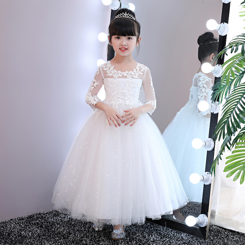 迪鲁奥（DILUAO)女童公主裙礼服走秀长裙春夏款长袖蕾丝钢琴演出服花童婚纱蓬蓬裙_574 白色七分袖偏大码数 120.