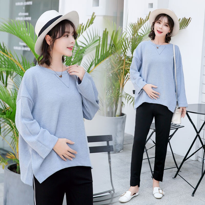 迪鲁奥（DILUAO)孕妇裤子春秋季外出新款时尚托腹打底裤宽松透气孕妇装秋冬装休闲舒适上衣套装_106 蓝色 XL