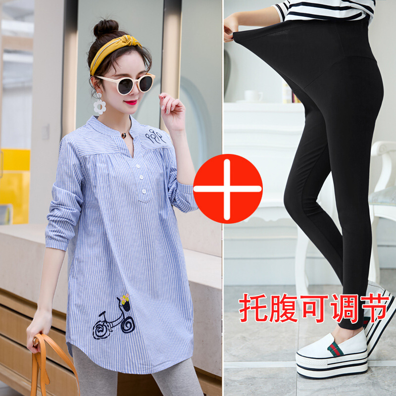 迪鲁奥（DILUAO)儿童乐园孕妇衬衫秋装中长款时尚款套装秋季上衣宽松职业短袖装衬衣潮 蓝上衣+黑色裤(长袖长裤) XXL