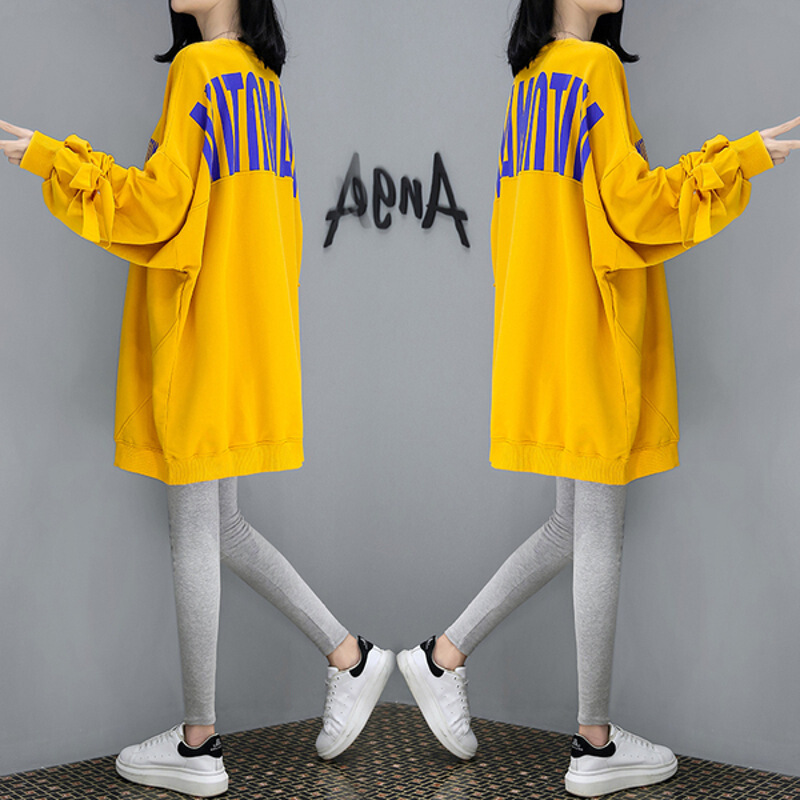 迪鲁奥（DILUAO)儿童乐园孕妇秋装套装时尚款2019新款两件套秋季中长上衣宽松长袖T恤 8843黄色-上衣+浅灰裤 M