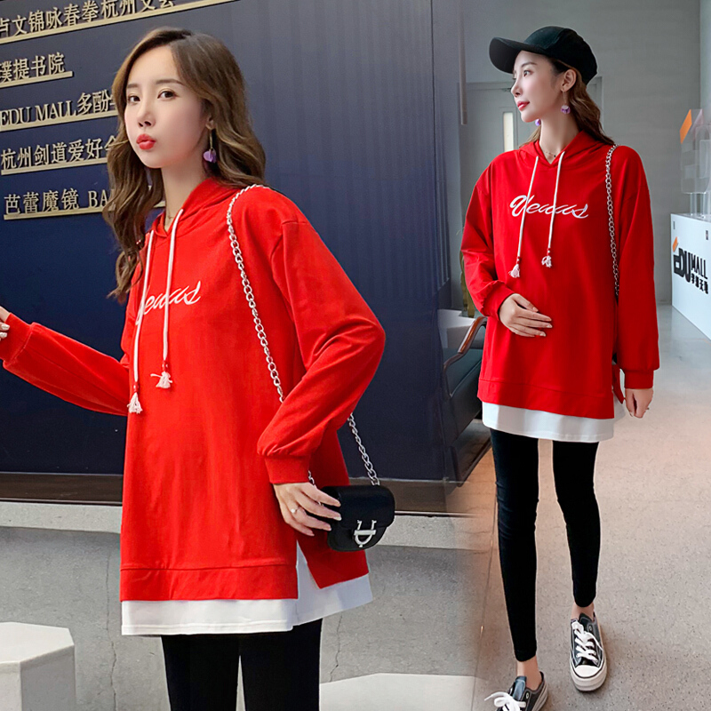迪鲁奥（DILUAO)孕妇装秋装时尚套装长袖T恤宽松外出2019新款韩版两件套连帽孕妇上衣 单件上衣—红色 L