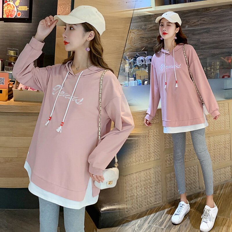 迪鲁奥（DILUAO)孕妇装秋装时尚套装长袖T恤宽松外出2019新款韩版两件套连帽孕妇上衣 单件上衣---粉色 M