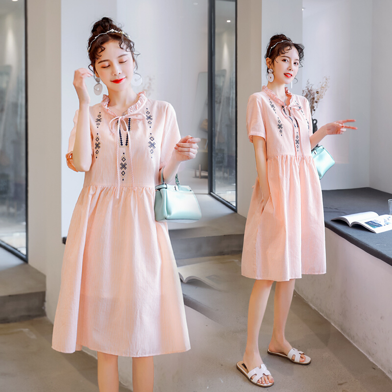 迪鲁奥（DILUAO)新款孕妇连衣裙2019夏韩版短袖孕妇裙中长款孕妇连衣裙夏季裙子_953 橘色--裙子 XXL