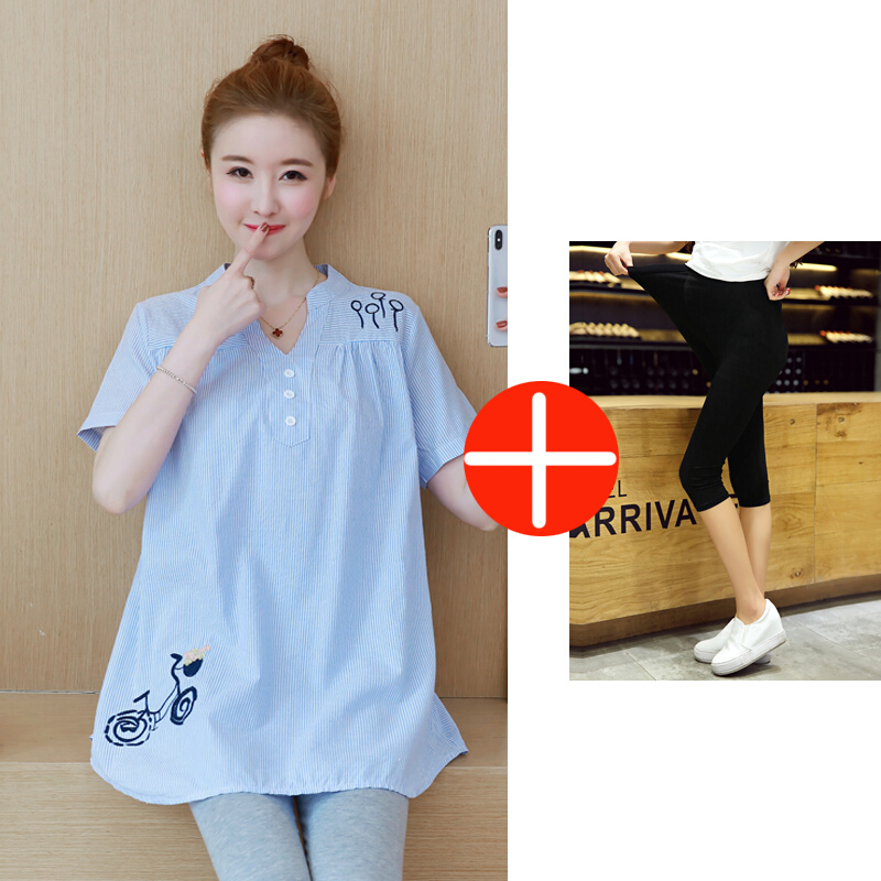 迪鲁奥（DILUAO)孕妇装夏装套装2019新款韩版短袖孕妇衬衫时尚夏季两件套怀孕期 蓝色上衣+黑色裤 L【一般建议120-140斤】