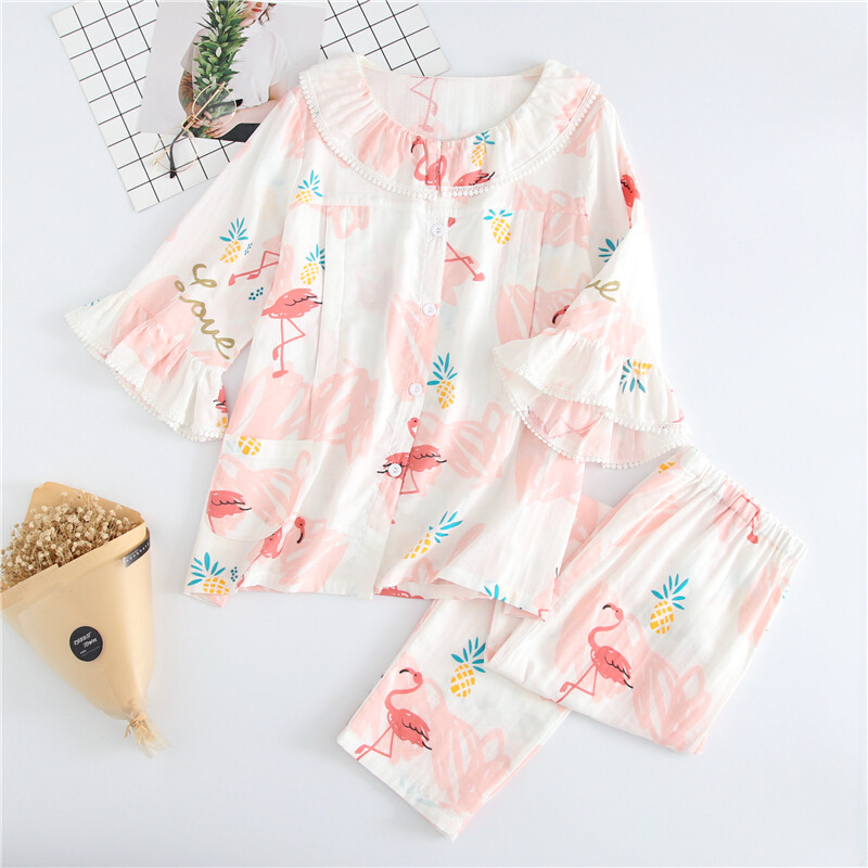 迪鲁奥（DILUAO)月子服春夏秋纯棉纱布七分袖产妇产后哺乳期喂奶睡衣孕妇宽松大码 白色七分袖火烈鸟 L