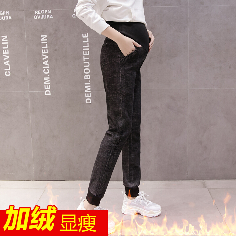 迪鲁奥（DILUAO)孕妇裤子秋冬外穿束脚长裤托腹孕妇牛仔裤冬季时尚运动裤加绒长裤_862 黑色净色加绒款 XL