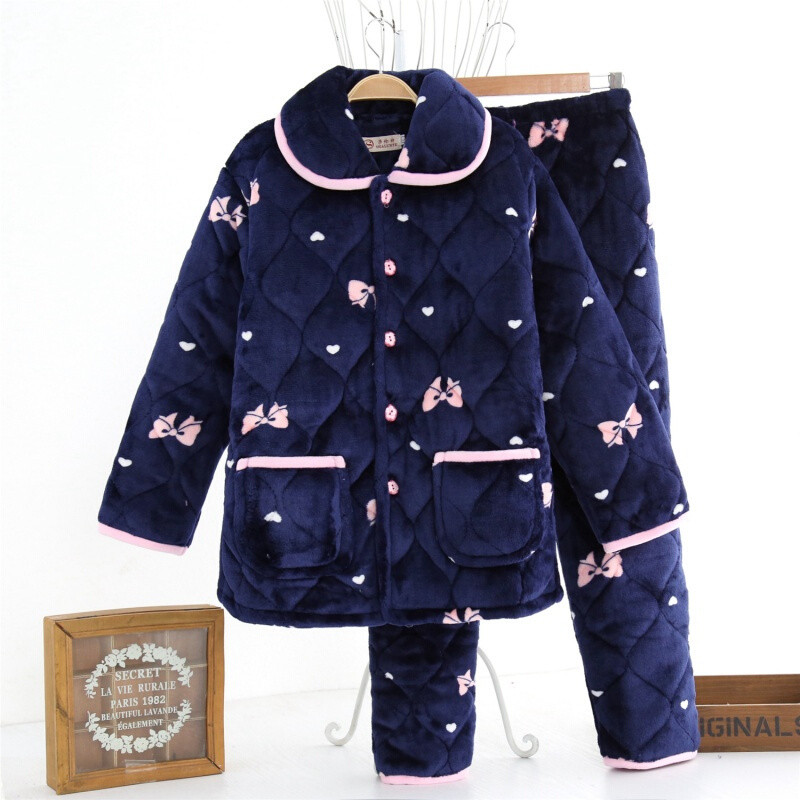 迪鲁奥（DILUAO)女冬季夹棉加厚睡衣纯棉月子服法兰绒夹棉三层保暖家居服套装睡袄_521 蓝色小蝴蝶 XXL建议体重130-150