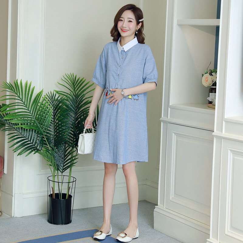 迪鲁奥（DILUAO)孕妇连衣裙夏天新款时尚短袖衬衫裙中长款外出休闲孕妇裙A字裙夏 蓝色_81 默认颜色 XXL