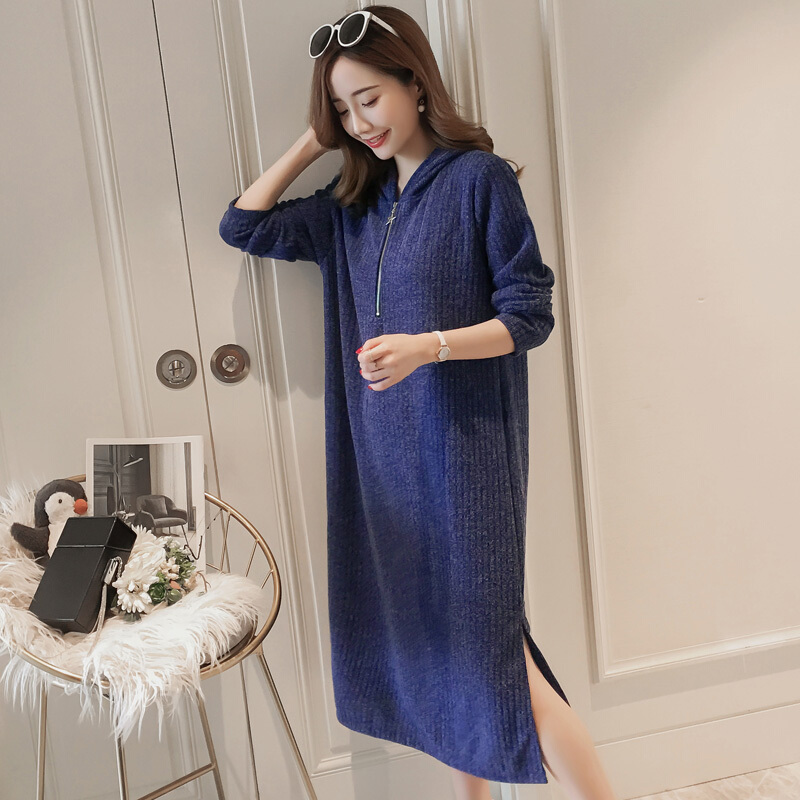 迪鲁奥（DILUAO)孕妇裙子春秋时尚宽松外出A字裙连帽中长款针织打底秋孕妇连衣裙_433 蓝色 L