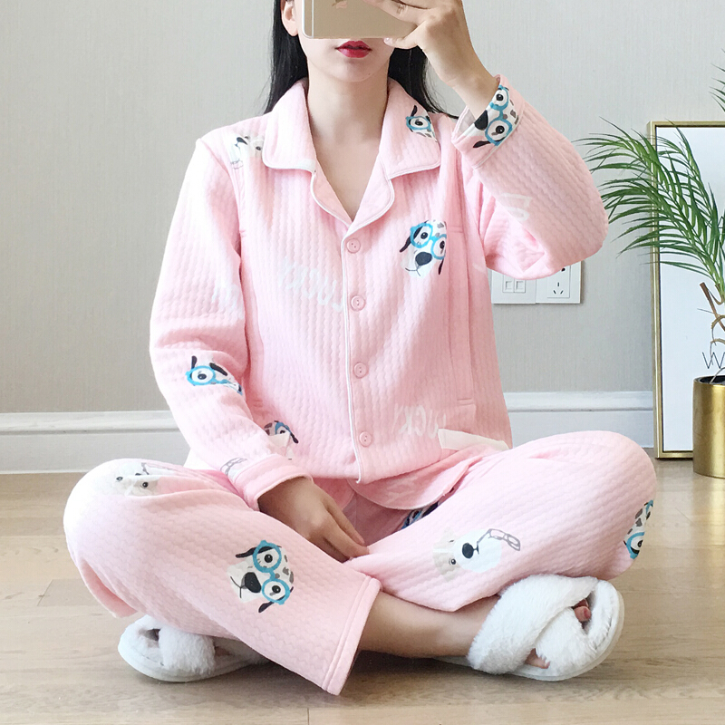 迪鲁奥（DILUAO)月子服秋冬季产后哺乳秋季夹棉加厚保暖纯棉喂奶衣空气棉产妇睡衣_633 粉色眼镜小狗 M【建议产后100-125斤】