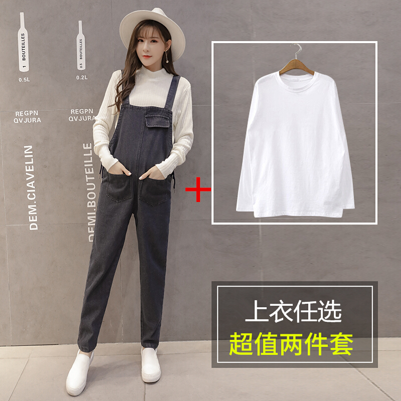 迪鲁奥（DILUAO)孕妇连体裤春秋新款时尚洗水牛仔背带裤宽松春秋外穿孕妇两件套装 黑色单裤 M