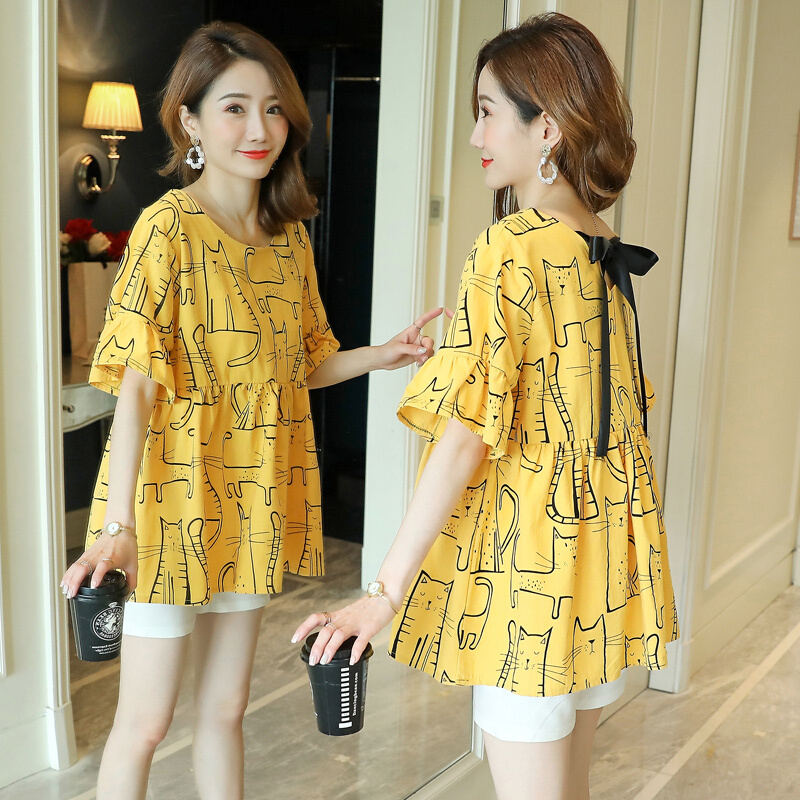 迪鲁奥（DILUAO)孕妇夏季时尚套装2019夏天薄款两件套孕妇喇叭袖娃娃衫+托腹短裤_848 蓝色上衣 M