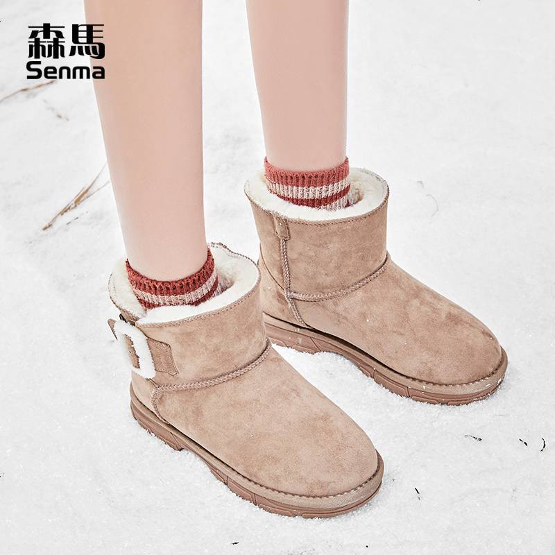 森马雪地靴女2019新款时尚东北加绒保暖加厚短筒一脚蹬厚底短靴子 39 沙色