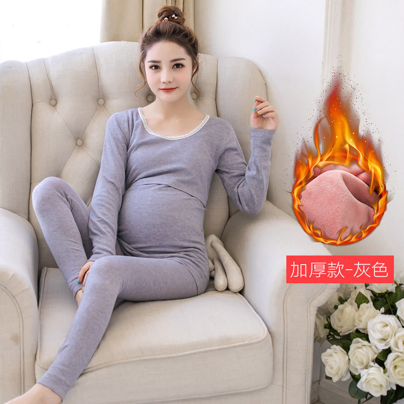 迪鲁奥（DILUAO)孕妇秋衣秋裤套装产后哺乳怀孕期喂奶加绒加厚美体睡衣保暖内衣冬 薄款黑色 均码_443 加绒加厚款-灰色 默认尺寸