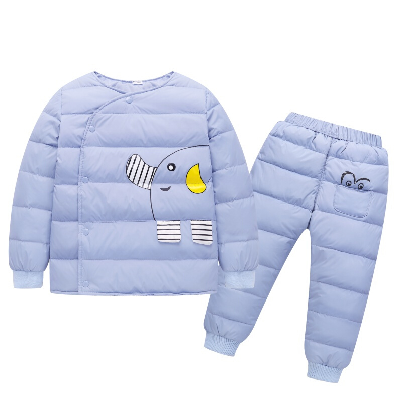 迪鲁奥（DILUAO)反季儿童羽绒服套装加厚款男女宝宝保暖内胆婴儿装两件冬 无领款湖蓝色套装 90cm