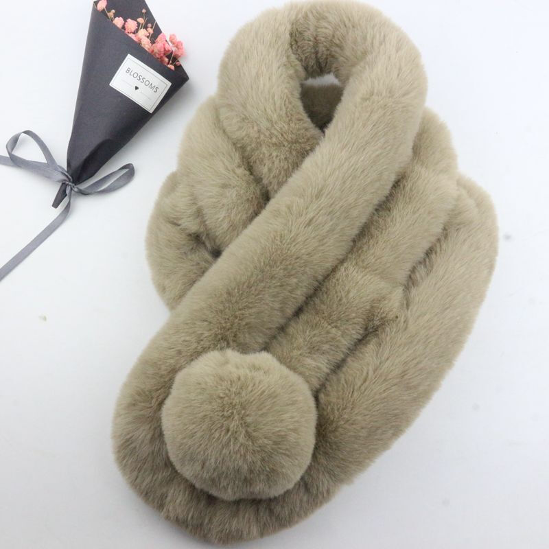 迪鲁奥（DILUAO)獭兔毛围巾女冬季韩版百搭加厚保暖儿童脖套懒濑兔毛球仿皮围脖 奶茶色 默认尺寸