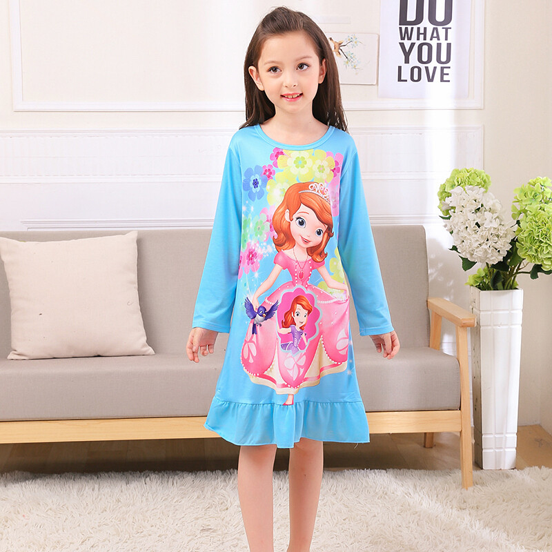 迪鲁奥（DILUAO)春季儿童长袖睡裙女童纯棉睡衣卡通白雪公主裙子冰雪奇缘秋季童装 蓝色一苏菲亚 18码140-150cm