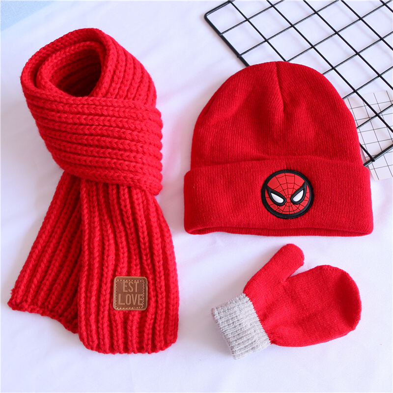 迪鲁奥（DILUAO)三件套儿童毛线帽子围巾秋冬男女童婴儿宝宝纯棉保暖套头针织帽潮 红色猪猪侠+红巾+红手套 4-10岁