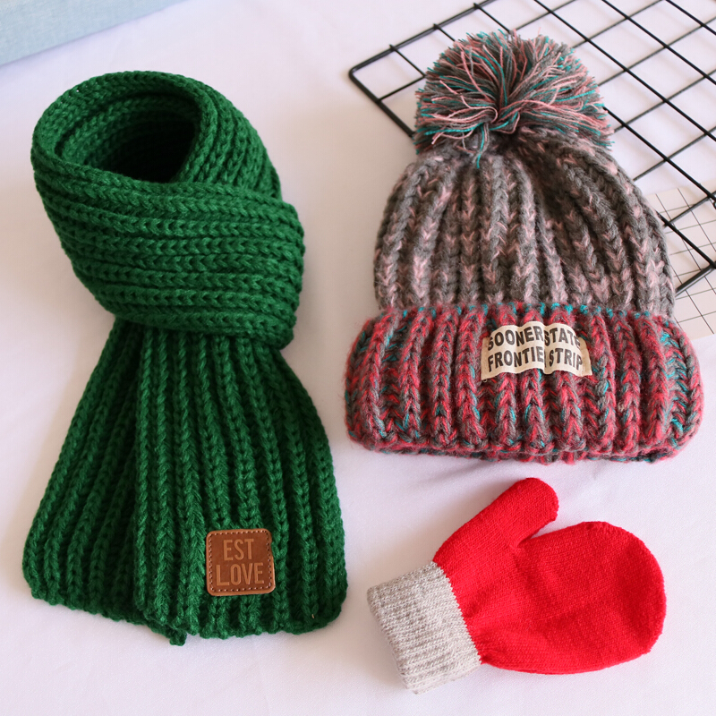 迪鲁奥（DILUAO)三件套儿童毛线帽子围巾秋冬男女童婴儿宝宝纯棉保暖套头针织帽潮 灰色粗线帽+绿巾+红手套 1-3岁