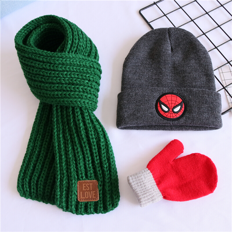 迪鲁奥（DILUAO)三件套儿童毛线帽子围巾秋冬男女童婴儿宝宝纯棉保暖套头针织帽潮 灰色猪猪侠+绿巾+红手套 4-10岁