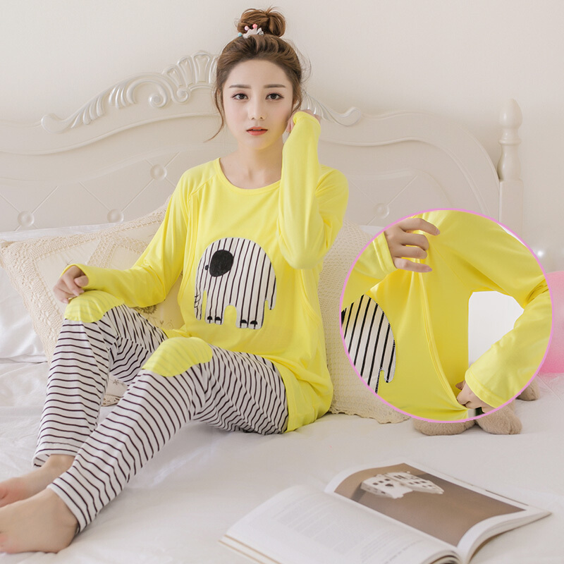 迪鲁奥（DILUAO)月子服春秋纯棉产妇产后哺乳期浦乳睡衣秋冬款孕妇怀孕期加厚保暖_132 黄色大象 XXXL体重165-180