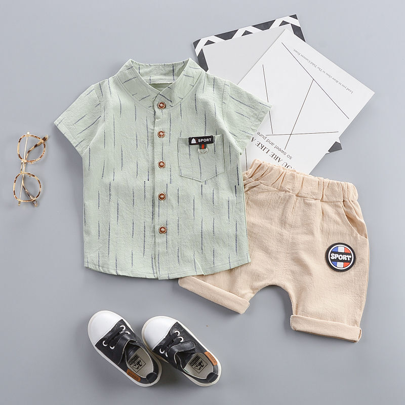 迪鲁奥（DILUAO)男童套装夏装 儿童套装婴幼儿童短袖衬衫宝宝小孩衣服两件套1-3-5岁F210-_580 竖条绿色 90建议身高75-85cm