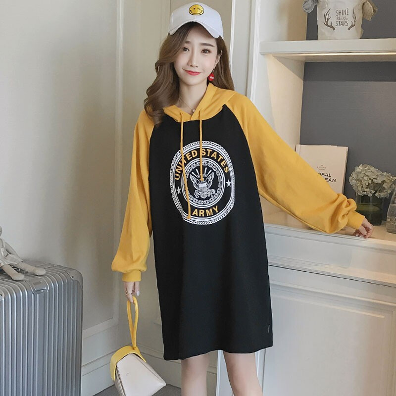 迪鲁奥（DILUAO)孕妇装2019秋冬新款时尚款加绒印花上衣辣妈宽松中长款卫衣 默认颜色 L建议115-130斤