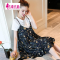 迪鲁奥（DILUAO)孕妇装夏装2019夏装新款碎花孕妇裙休闲T恤孕妇背带裤大码孕妇套装宽松孕妇连衣裙_900 藏青碎花 S建议90-105斤