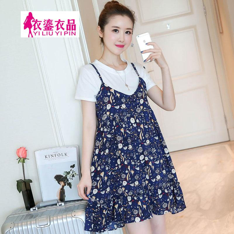 迪鲁奥（DILUAO)孕妇装夏装2019夏装新款碎花孕妇裙休闲T恤孕妇背带裤大码孕妇套装宽松孕妇连衣裙_900 宝蓝碎花 XL建议125-140斤