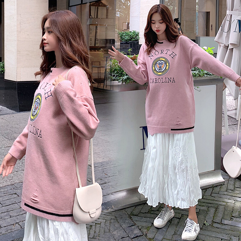 迪鲁奥（DILUAO)孕妇装秋装毛衣女套头新款秋季宽松毛线衣针织衫 蓝色 均码【适合约90-160斤】_893 粉色 默认尺寸