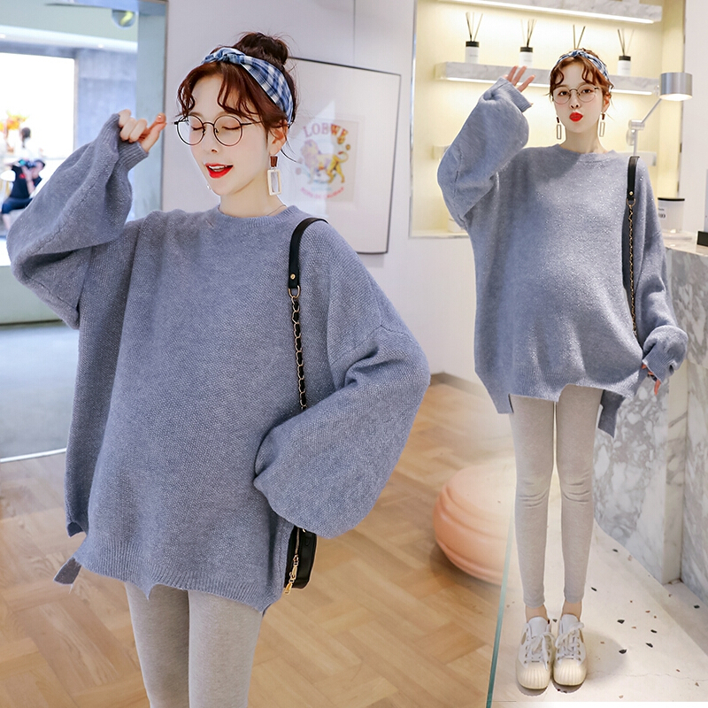 迪鲁奥（DILUAO)孕妇装秋装毛衣中长款孕妇宽松套装新款孕妇毛衣裙子大码针织衫色毛衣 均码【适合约90-160_265 蓝灰色毛衣 默认尺寸