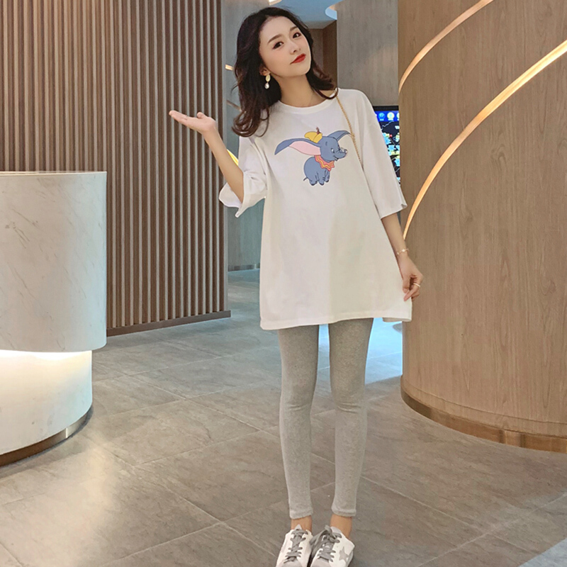 迪鲁奥（DILUAO) 孕妇装夏季新款小飞象宽松时尚短袖T恤上衣大码孕妇套装两件套 白色上衣+裤子 L(建议体重110-125斤)